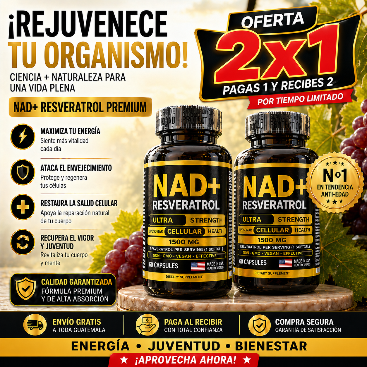 🎁 2x1 PROMOCIÓN: Resveratrol + NAD+ Premium 1500mg (60 Cápsulas) + Envío gratis