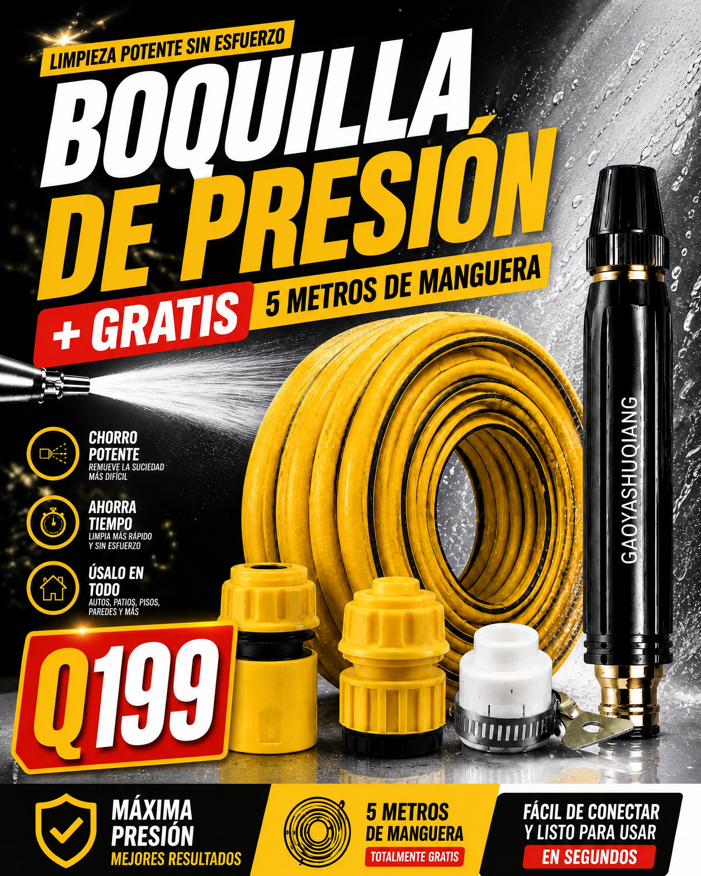 BOQUILLA A PRESIÓN +MANGUERA DE 5 METROS CON ACCESORIOS - ENVÍO GRATIS