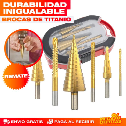 ¡ÚLTIMAS UNIDADES!! 🔩SET DE 6 BROCAS ESCALONADAS DE TITANIO - ENVÍO GRATIS