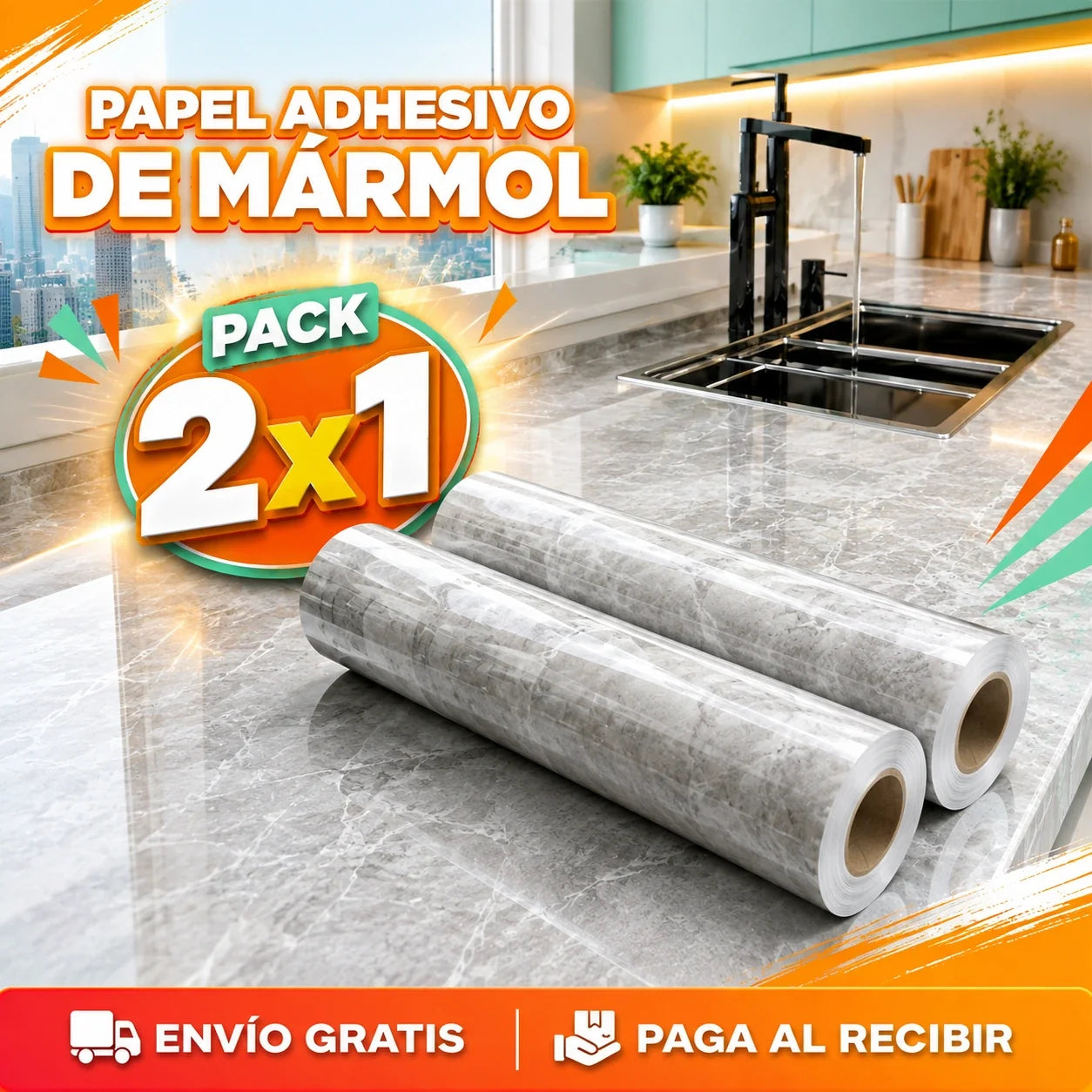 ¡Papel Autoadhesivo Mármol — 3M Largo x 1.5 CM Ancho! (Pack 2x1)