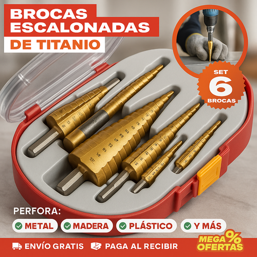 ¡ÚLTIMAS UNIDADES!! 🔩SET DE 6 BROCAS ESCALONADAS DE TITANIO - ENVÍO GRATIS