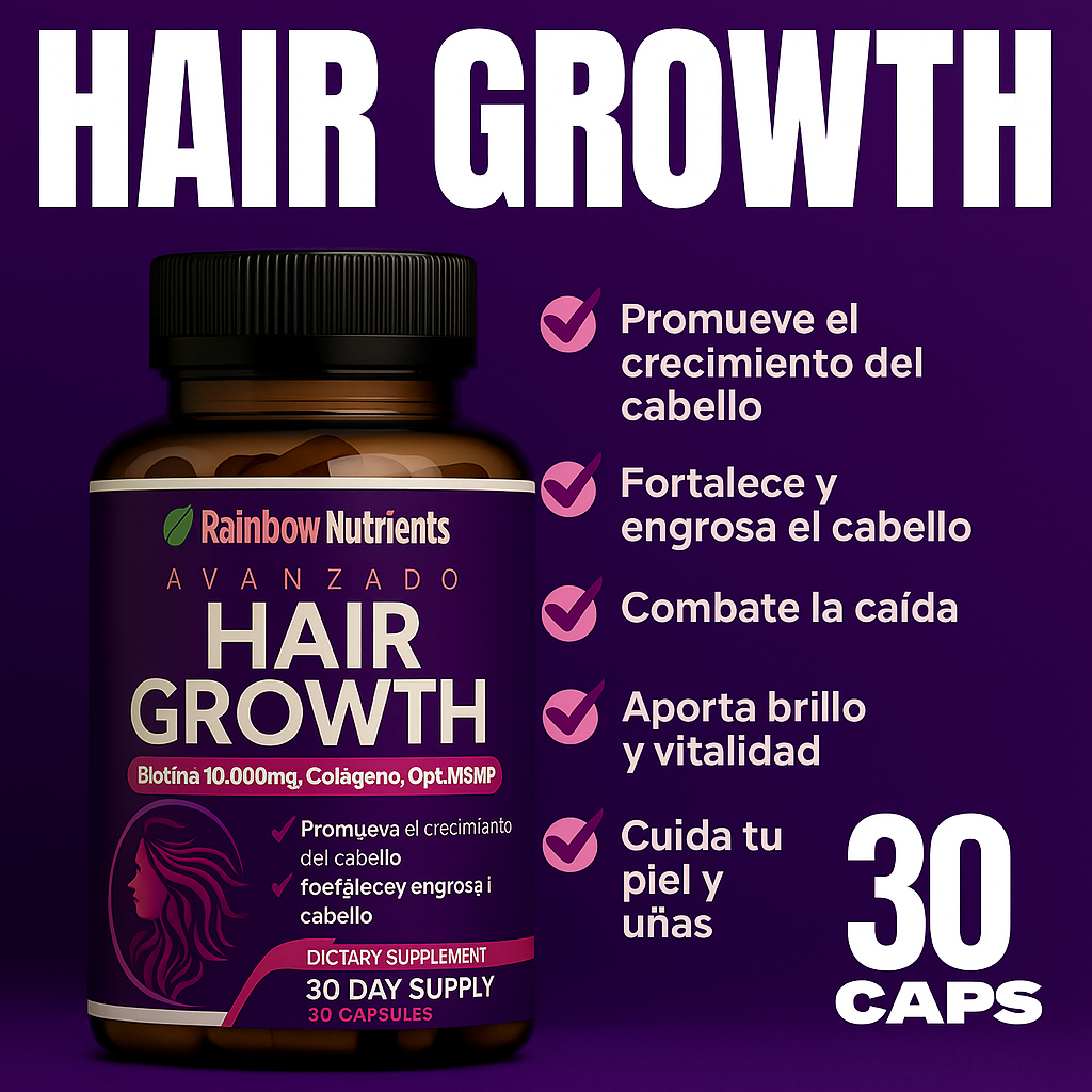 💜 HAIR GROWTH -Sin azúcar- Vitaminas Capilares Premium 60 Cápsulas
