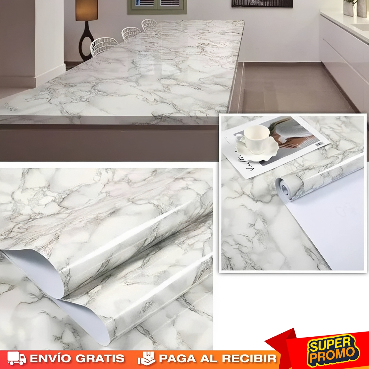 ¡Papel Autoadhesivo Mármol — 3M Largo x 1.5 CM Ancho! (Pack 2x1)